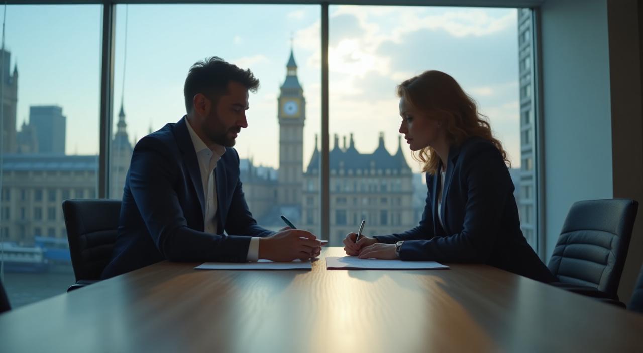 Two professionals in a modern glass office discussing a contract with precision and collaboration